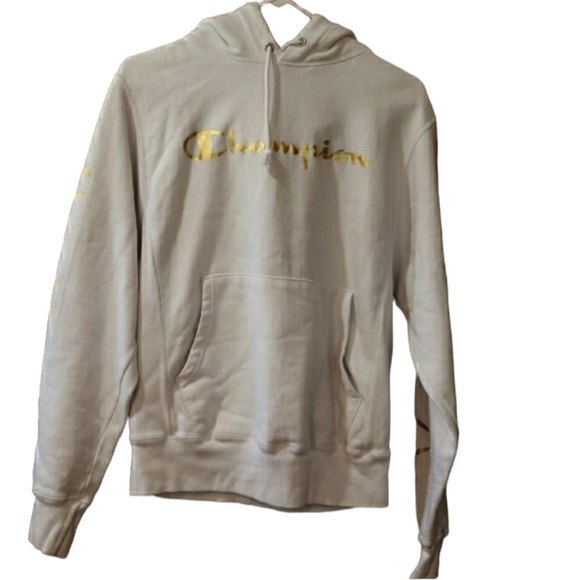 Champion Reverse Weave White & Gold Spellout Hoodie Small - Picture 1 of 15